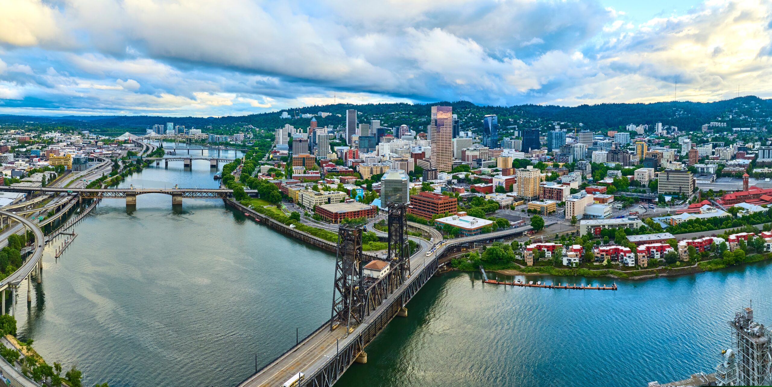 Portland city skyline over Willamette River looking south.