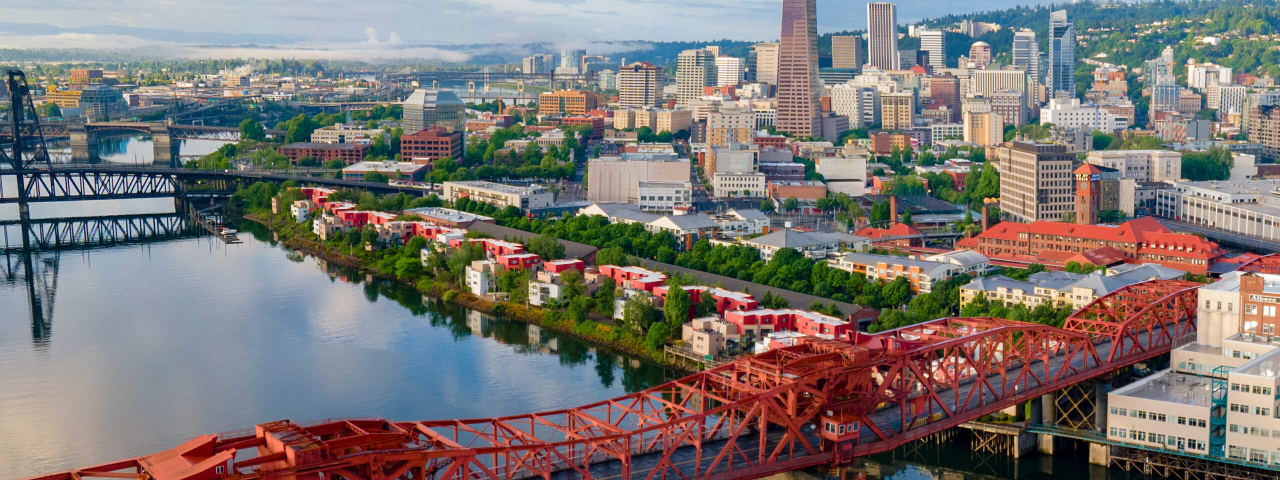A bird's eye view of the Portland skyline showing the NW Pearl District