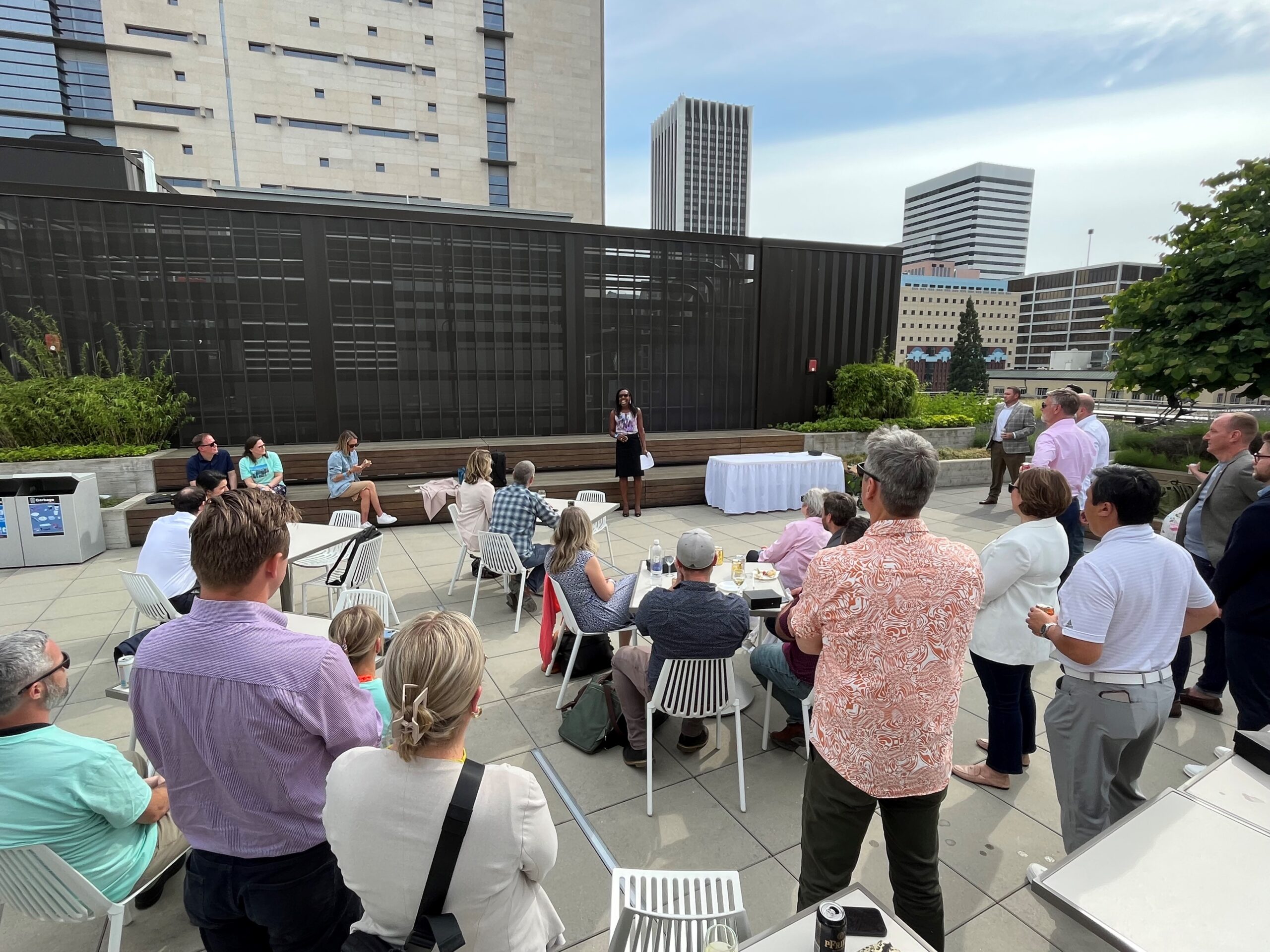 Leadership Portland class of 2023 celebrates atop the NW Natural building in Portland, Oregon