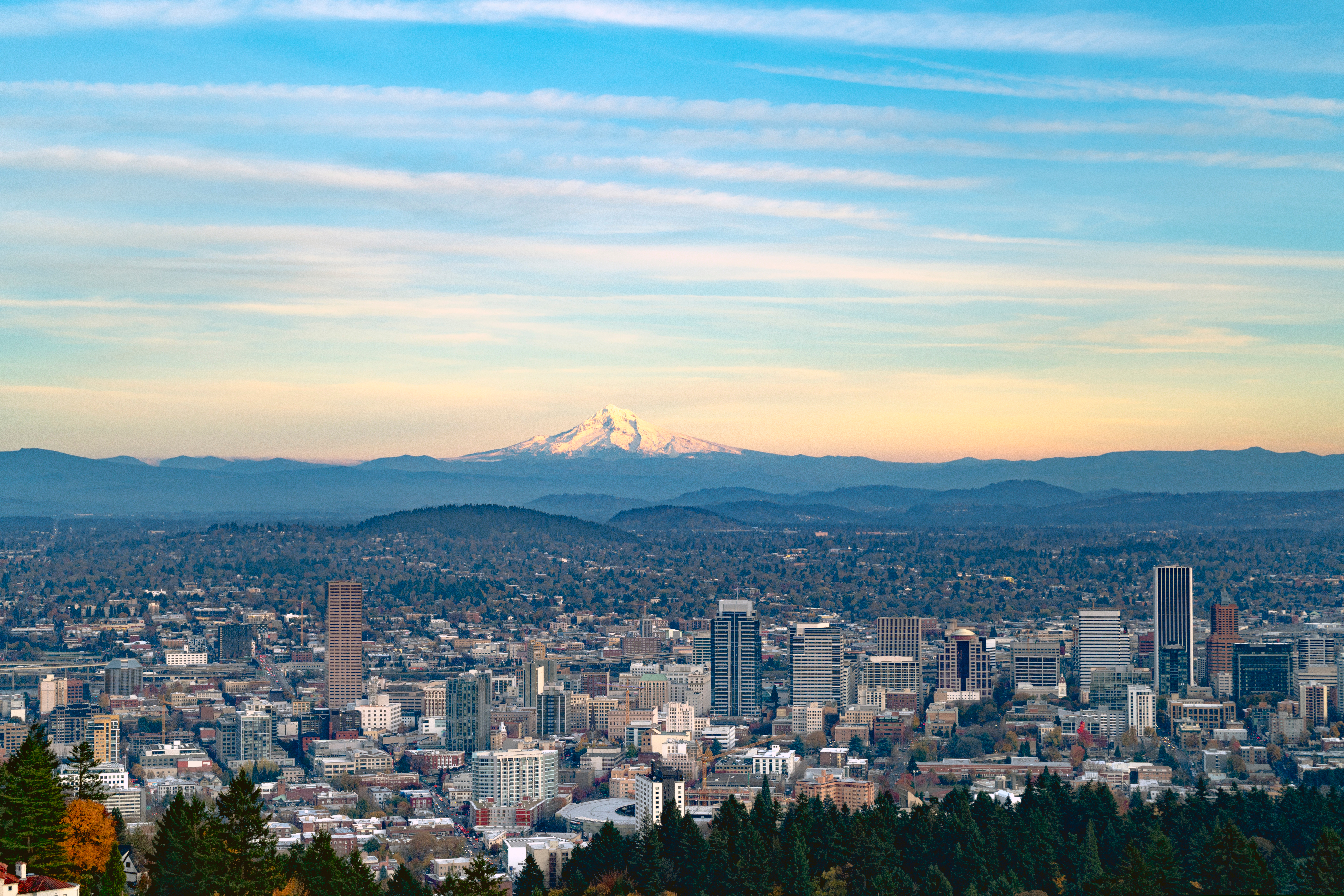 Cityscape of Portland, OR looking toward Mt. Hood