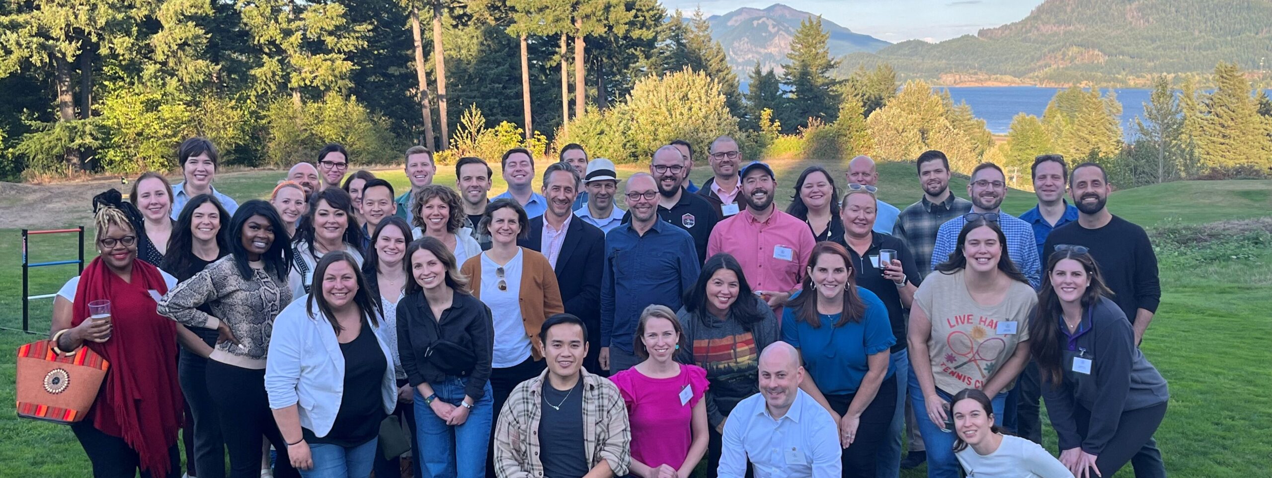The entire Leadership Portland 2023 class smiles for a picture at Skamania lodge in Washington