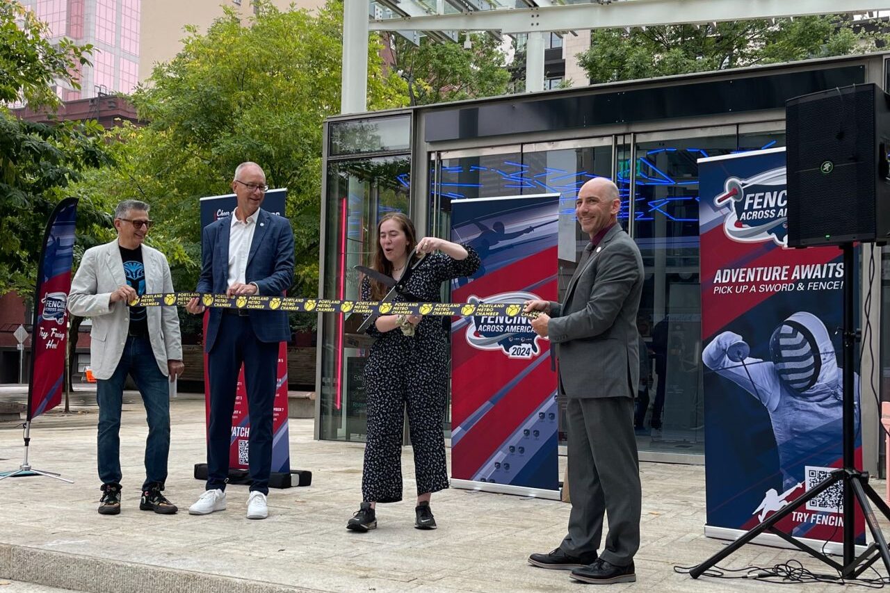 Chloe Fox-Gitomer, USA National Team member and 2019 Pan American Gold Medalist, Jim Etzel, CEO of Sport Oregon, Michael McTigue, Athena Project with Northwest Fencing Center, and Andrew Hoan of the Portland Metro Center