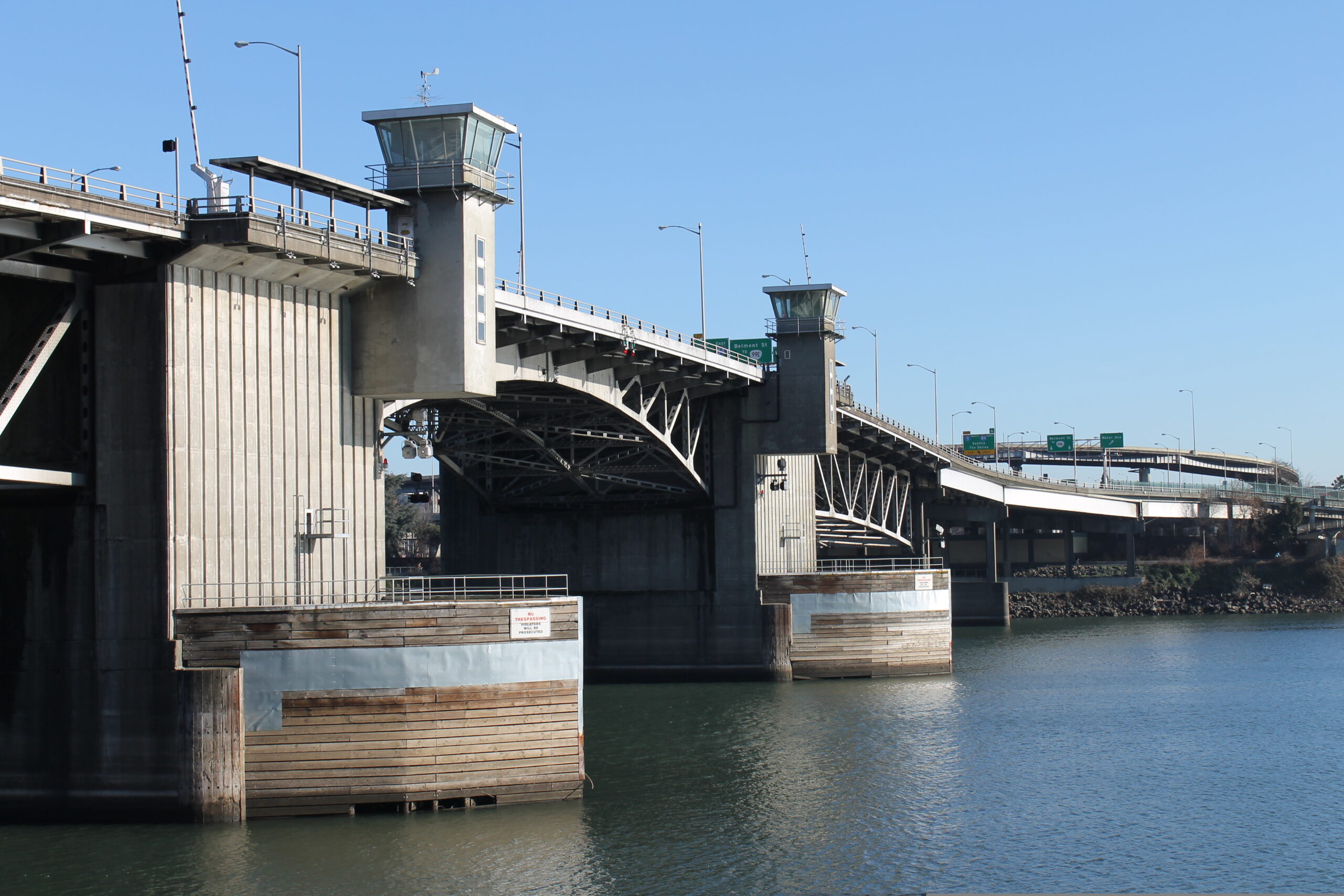 the Burnside Bridge in Portland, Oregon, crossing the Willamette River and connecting the eastside with the westside