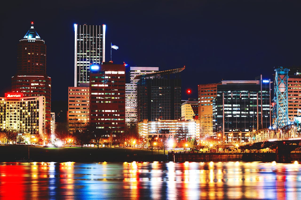 The downtown Portland skyline at night.